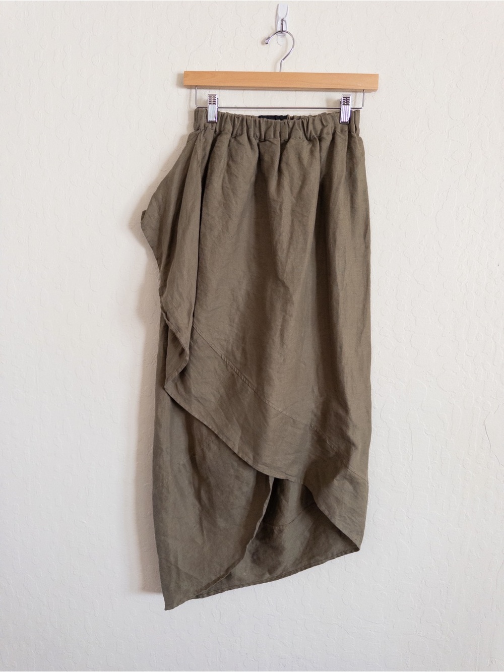 Vintage Mizono 100% Linen Pull On Elastic Waist Wrap Front Midi Skirt XS Green